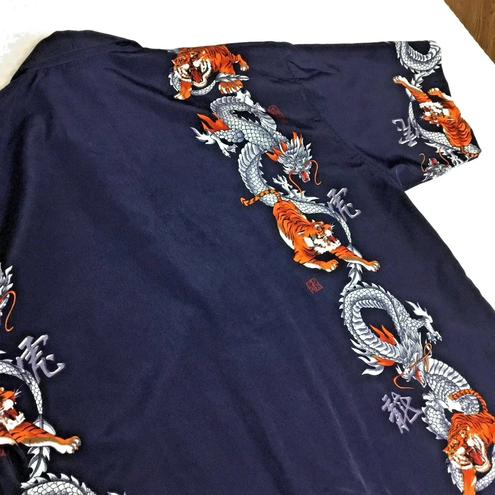 Canopy Mens XL Navy Blue Dragon Tiger Graphic Button Up Short Sleeve Camp Shirt‎